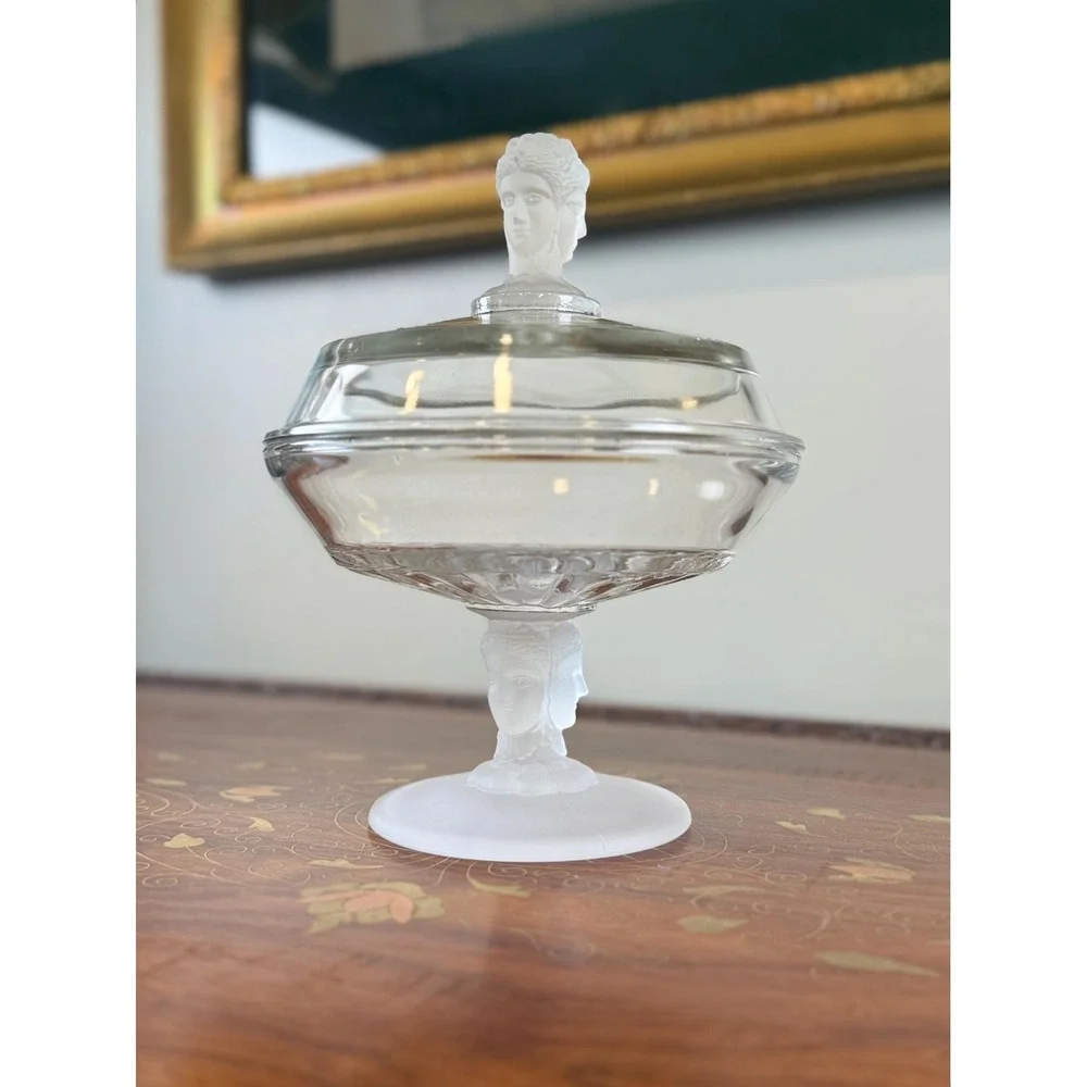Antique EAPG Three Face Covered Compote • Duncan No. 400 Frosted Glass